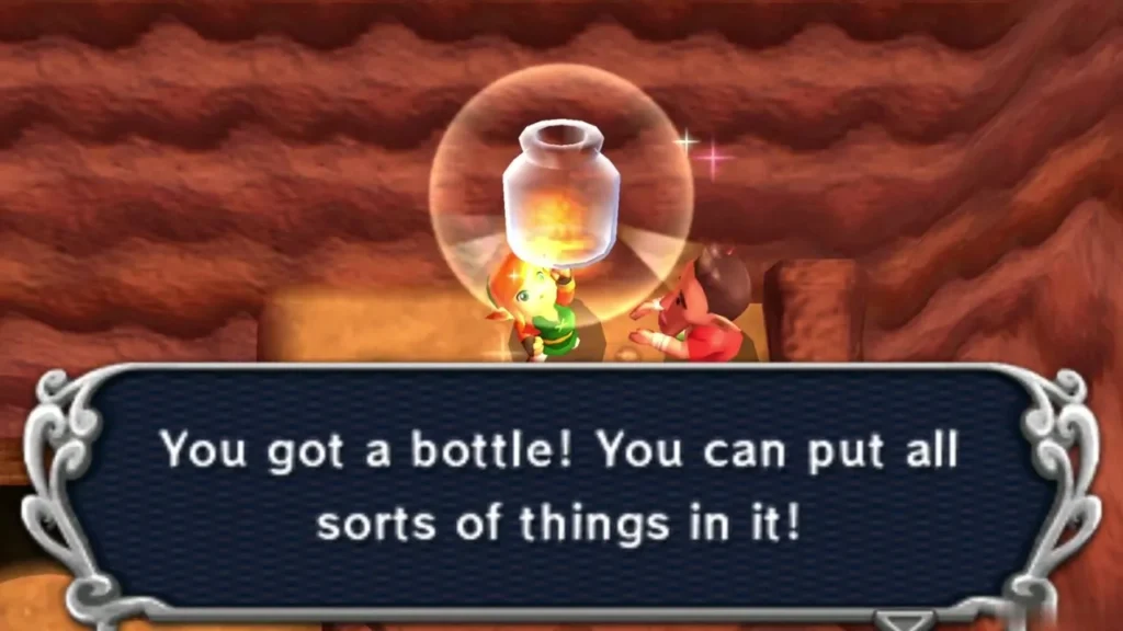 Bouldering Guy hands Link an empty bottle, with the You got a bottle message box on screen Bouldering Guy hands Link an empty bottle, with the You got a bottle message box on screen