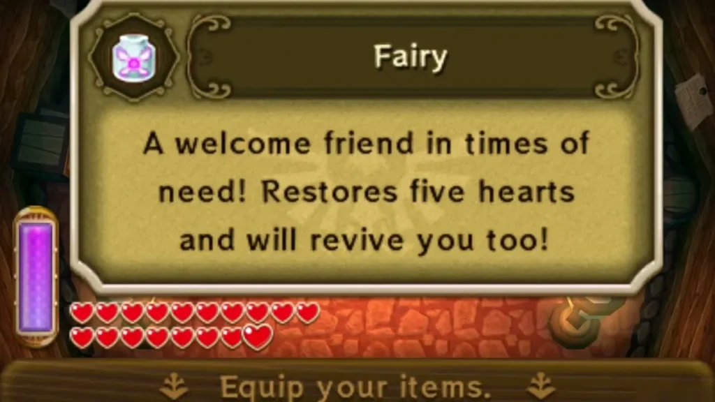 Fairy item description box saying a fairy restores five hearts and revives Link Fairy item description box saying a fairy restores five hearts and revives Link