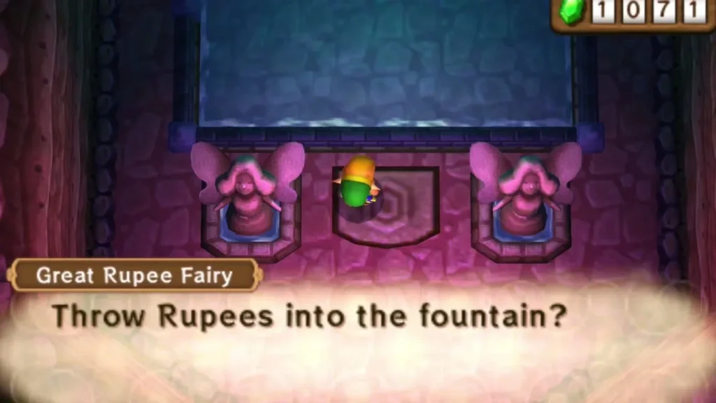 Link at the Great Rupee Fairy fountain as she asks whether he wants to throw in Rupees Link at the Great Rupee Fairy fountain as she asks whether he wants to throw in Rupees