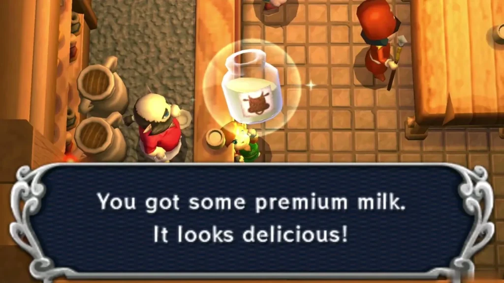 Link holds up the premium milk he was given at the Milk Bar in Kakariko Village Link holds up the premium milk he was given at the Milk Bar in Kakariko Village