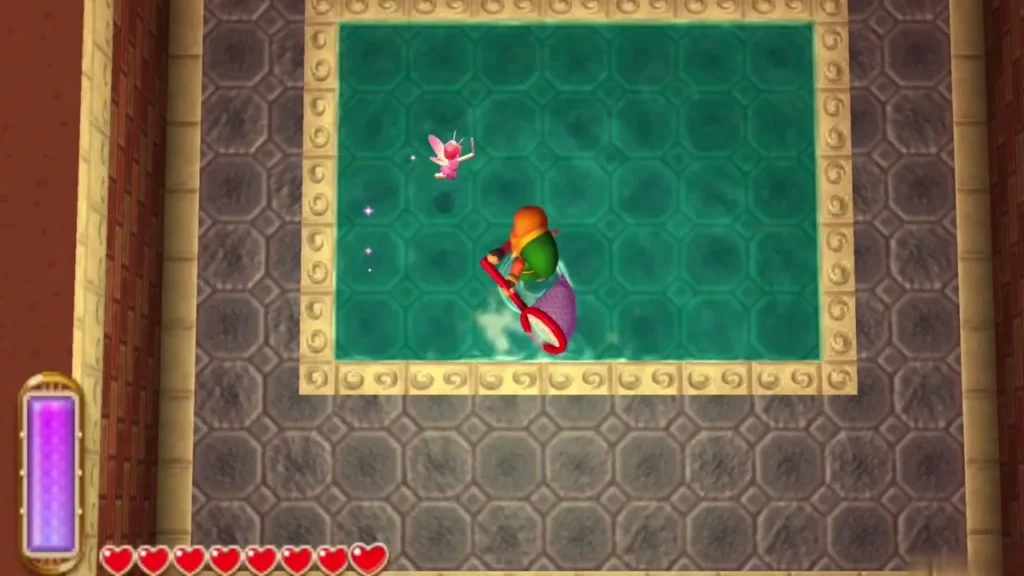 Link swinging the Net at a fairy hovering over the dungeon pool Link swinging the Net at a fairy hovering over the dungeon pool
