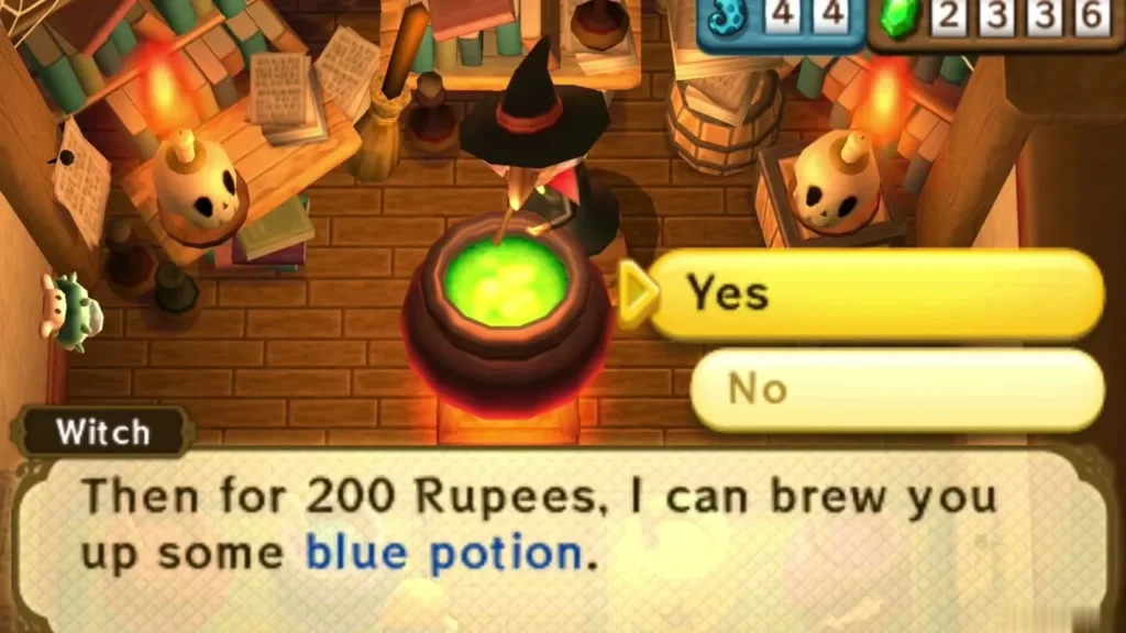 Witch offers to brew Link a blue potion for 200 Rupees, with Yes and No choices on screen Witch offers to brew Link a blue potion for 200 Rupees, with Yes and No choices on screen