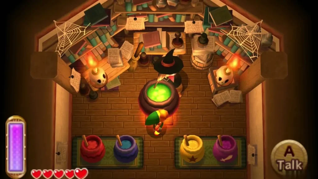 Witch's shop with four potion ingredient pots, red, blue, yellow and purple, on their rugs Witch's shop with four potion ingredient pots, red, blue, yellow and purple, on their rugs