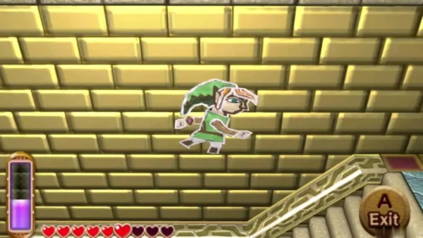 Link flattened into a painting on a gold brick wall in Hyrule Castle, after merging