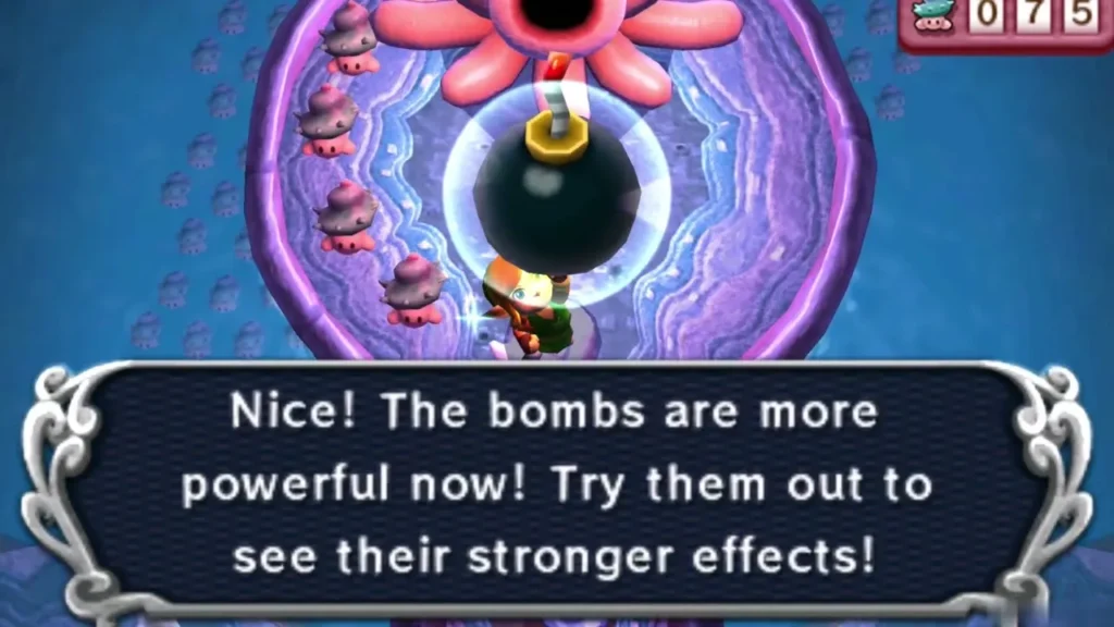 Link holding a bomb in the Maiamai pool as the box says the bombs are more powerful