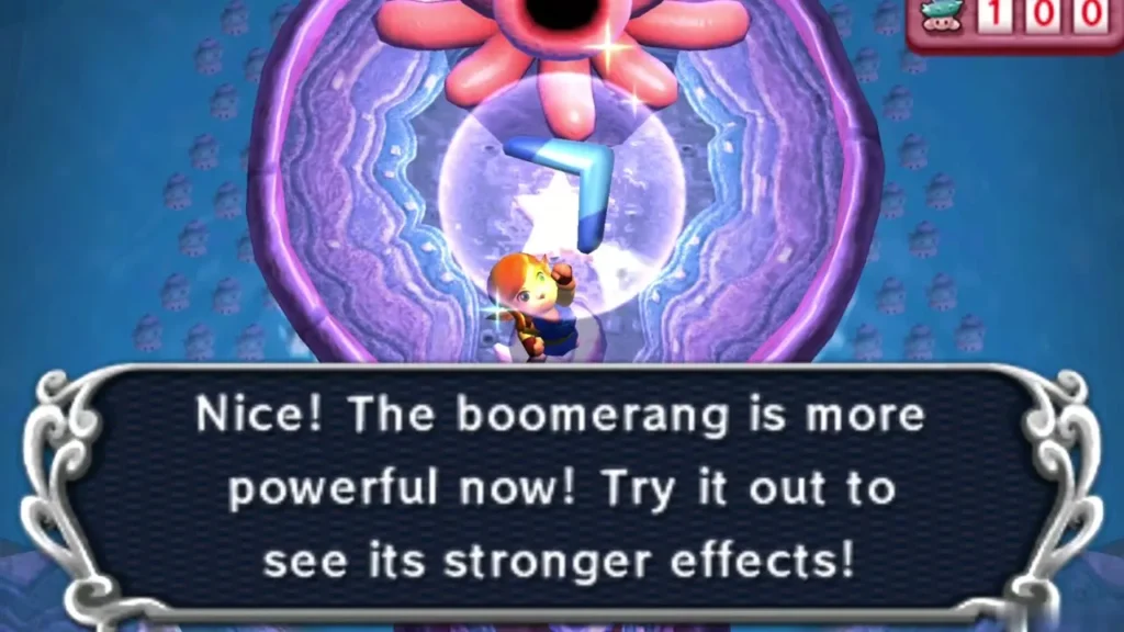 Boomerang upgrade box saying the boomerang is more powerful, with Link in the Maiamai pool