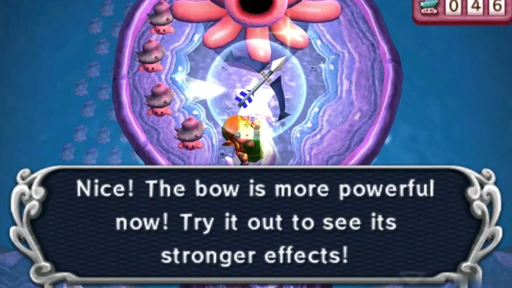 Link with his bow in the Maiamai pool, the box saying the bow is more powerful now