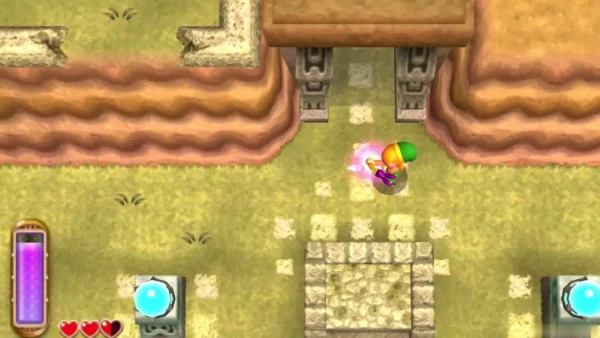 Link walks the stone ruins toward a doorway, with two blue crystal switches on pedestals at the corners