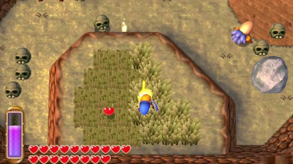 Link slashing a patch of tall grass on a plateau ringed by skulls and a large rock in Lorule Link slashing a patch of tall grass on a plateau ringed by skulls and a large rock in Lorule
