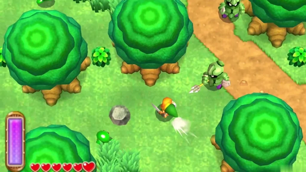 Link dashing toward a round tree beside a dirt path while green soldiers patrol nearby Link dashing toward a round tree beside a dirt path while green soldiers patrol nearby