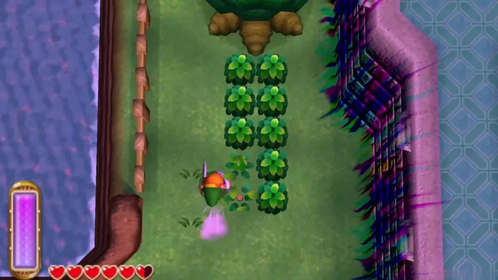 Link dashing north along a grass strip beside the castle moat toward a lone round tree above a column of bushes Link dashing north along a grass strip beside the castle moat toward a lone round tree above a column of bushes