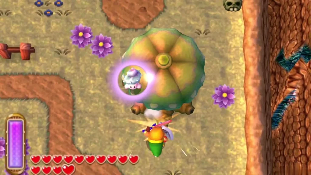 Link dashing toward a round tree beside an orange cliff edge in Lorule, a lost Maiamai tumbling out Link dashing toward a round tree beside an orange cliff edge in Lorule, a lost Maiamai tumbling out