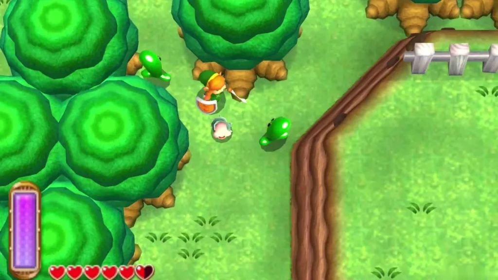 Link in a cluster of round trees on the Hyrule grass, a lost Maiamai dropping beside him Link in a cluster of round trees on the Hyrule grass, a lost Maiamai dropping beside him