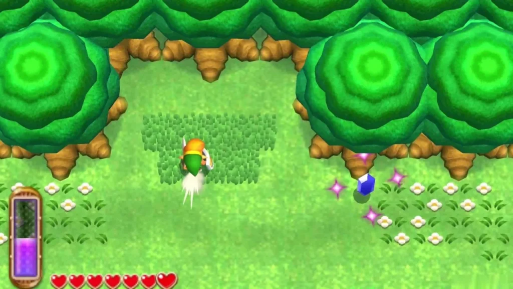 Link dashing north through a grass patch toward a ring of round trees, with a lost Maiamai falling from the tree line Link dashing north through a grass patch toward a ring of round trees, with a lost Maiamai falling from the tree line
