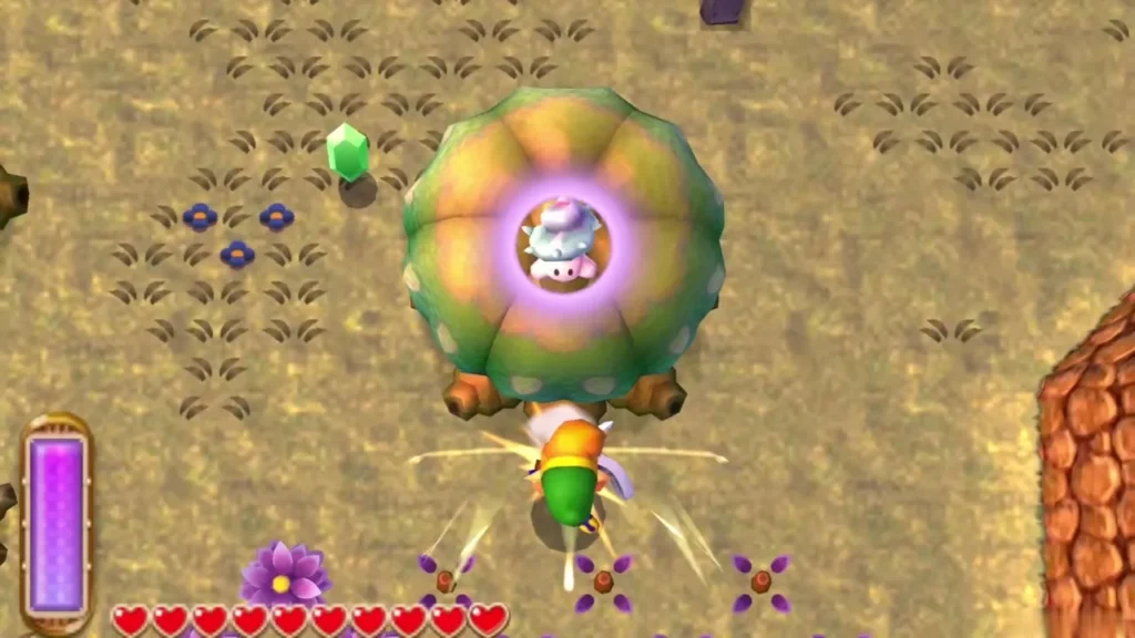 Link dashing into a round tree in Lorule, a lost Maiamai shaken loose from its top Link dashing into a round tree in Lorule, a lost Maiamai shaken loose from its top