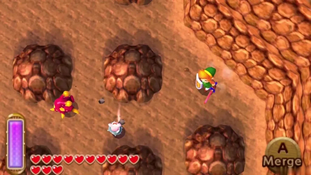 Link beside round dark brown rock formations on Lorule's orange ground, a red spiked enemy nearby Link beside round dark brown rock formations on Lorule's orange ground, a red spiked enemy nearby