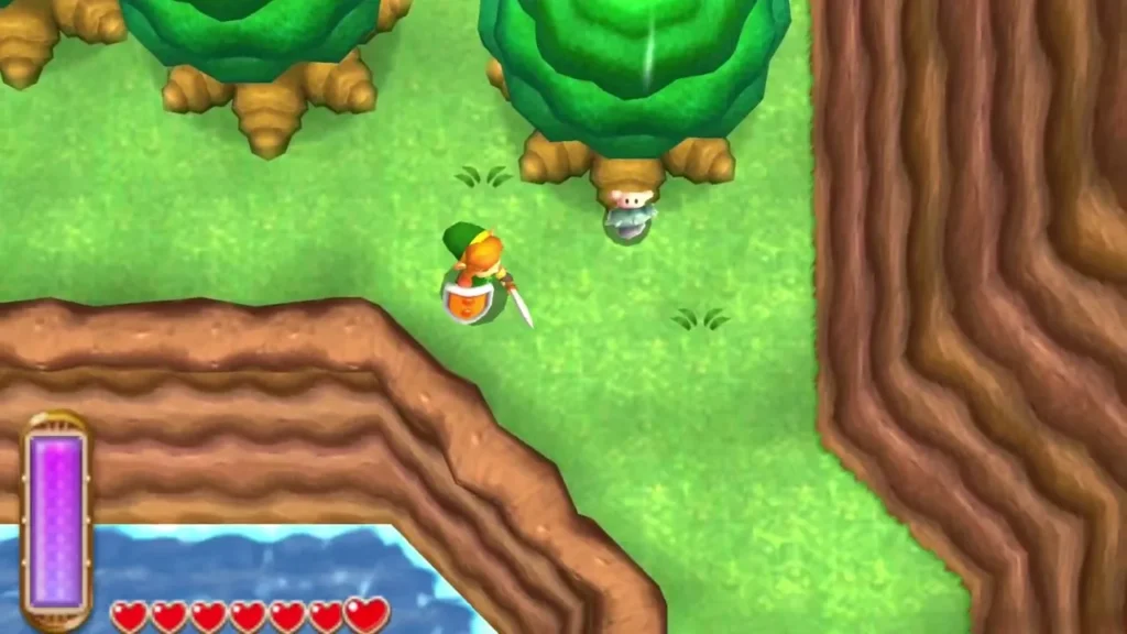 Link running toward a round tree beside a brown cliff in Hyrule, a lost Maiamai tumbling out beside it Link running toward a round tree beside a brown cliff in Hyrule, a lost Maiamai tumbling out beside it