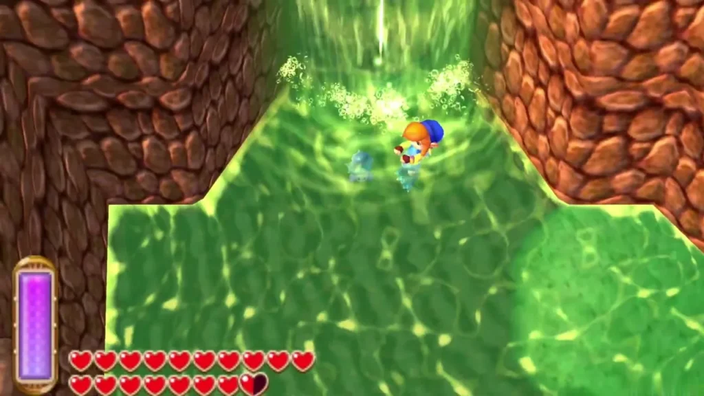Link diving in a green pool where a green stream pours between cobbled brown cliff walls Link diving in a green pool where a green stream pours between cobbled brown cliff walls