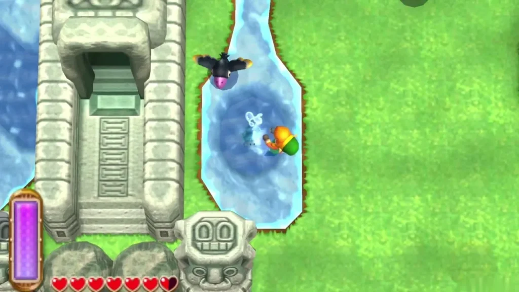 Link diving into a whirlpool hole in the shallow water channel beside a stone ruin doorway, a crow overhead Link diving into a whirlpool hole in the shallow water channel beside a stone ruin doorway, a crow overhead
