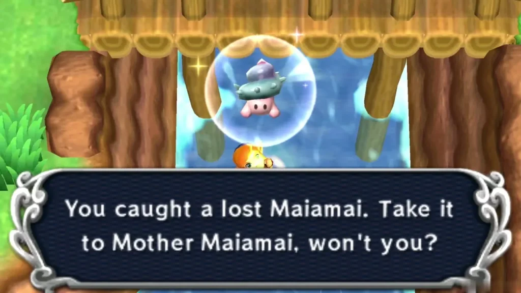 Link diving in the river under a wooden bridge with a caught lost Maiamai in a bubble, the catch message complete Link diving in the river under a wooden bridge with a caught lost Maiamai in a bubble, the catch message complete