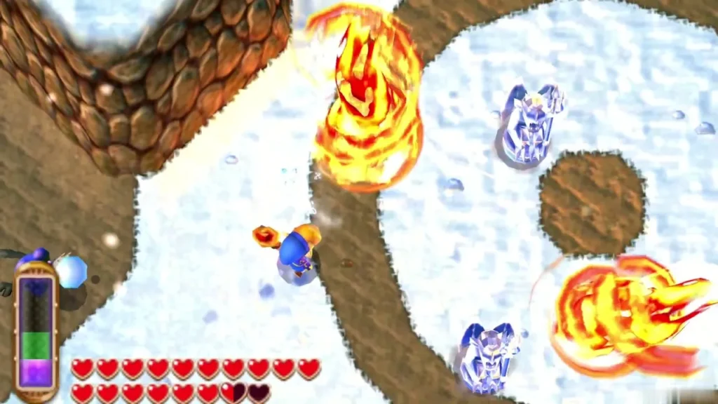 Link firing large fire blasts from the Fire Rod at ice enemies on a snowy mountain path