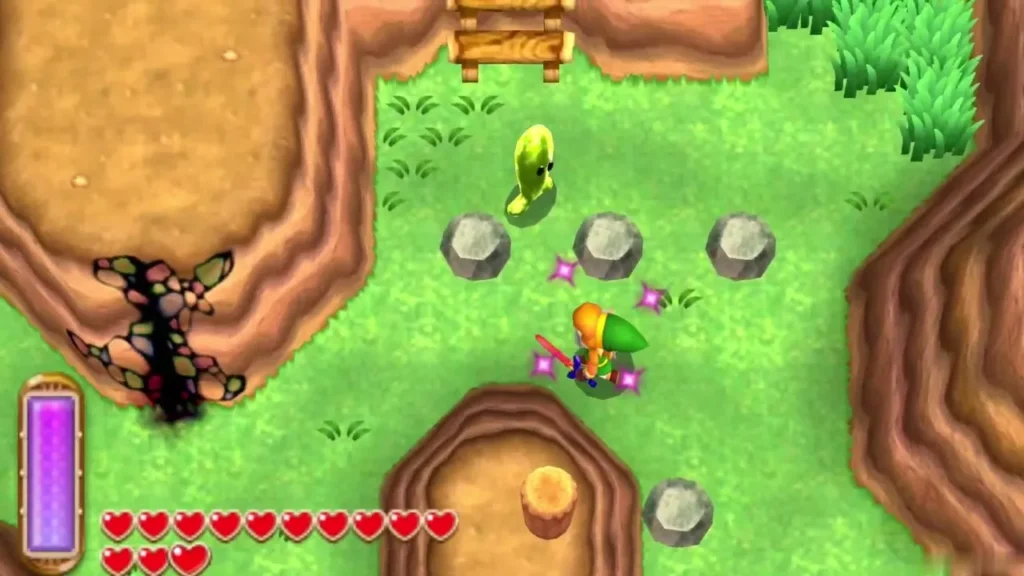 Link beside the Fissure in a cliff wall, small grey rocks scattered on the grass before the large rocks Link beside the Fissure in a cliff wall, small grey rocks scattered on the grass before the large rocks