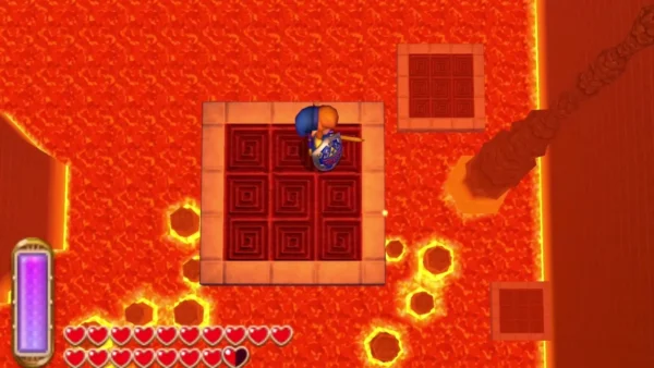 Link standing on a square red platform that floats in lava, with fire rings circling it
