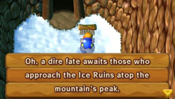 Wooden sign beside a snowy cave alcove, reading that a dire fate awaits those who approach the Ice Ruins