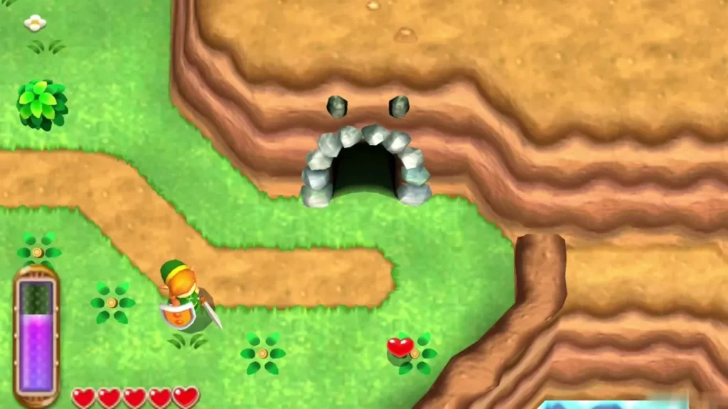 Link walking up to the rock-ringed cave mouth on the Lake Hylia cliffs