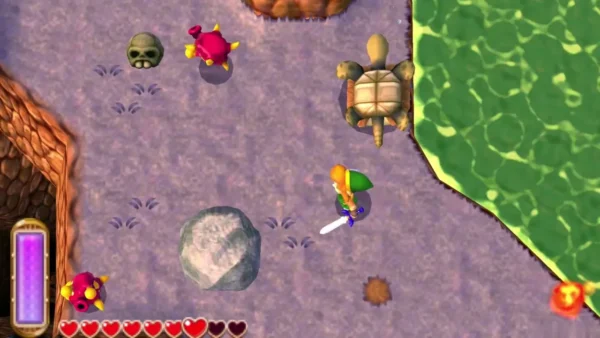 Link beside a large grey rock on the purple ground at the shore of the Lorule lake
