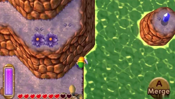 Link at a rock wall beside Lorule Lake with the Merge prompt on screen