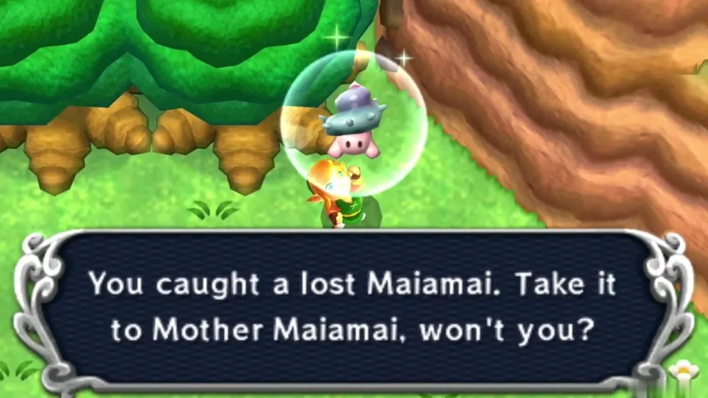 Link holding up a lost Maiamai caught on the Hyrule side of the Graveyard fissure Link holding up a lost Maiamai caught on the Hyrule side of the Graveyard fissure