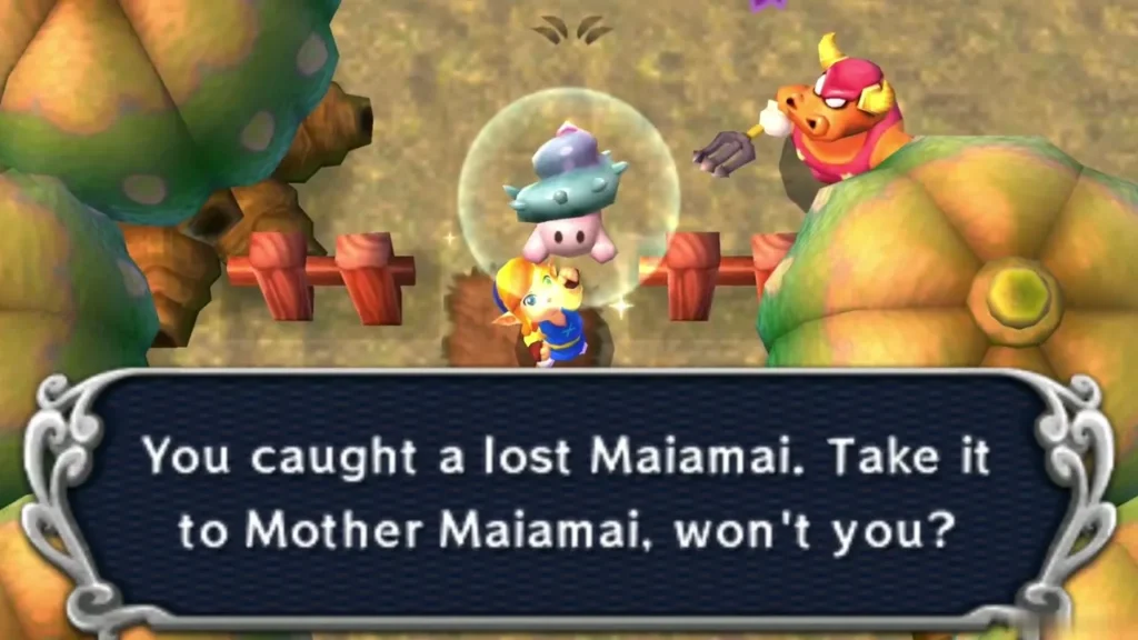 Link holding up a caught lost Maiamai in a bubble between round trees and a wooden fence, the catch message complete Link holding up a caught lost Maiamai in a bubble between round trees and a wooden fence, the catch message complete