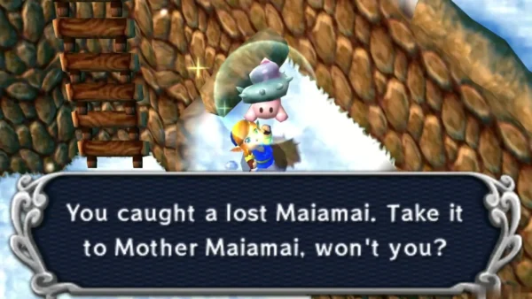 Link on the snowy ledge by the ladder with a caught lost Maiamai