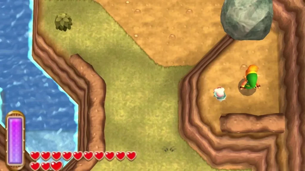 Link on a dirt platform beside the lake with a large grey rock and a Maiamai flying free next to him Link on a dirt platform beside the lake with a large grey rock and a Maiamai flying free next to him