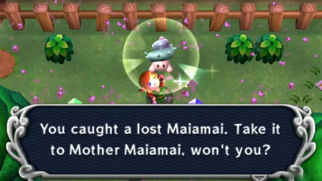 Link holding up a lost Maiamai in a bubble by a wooden fence, pink panel shards drifting around him Link holding up a lost Maiamai in a bubble by a wooden fence, pink panel shards drifting around him
