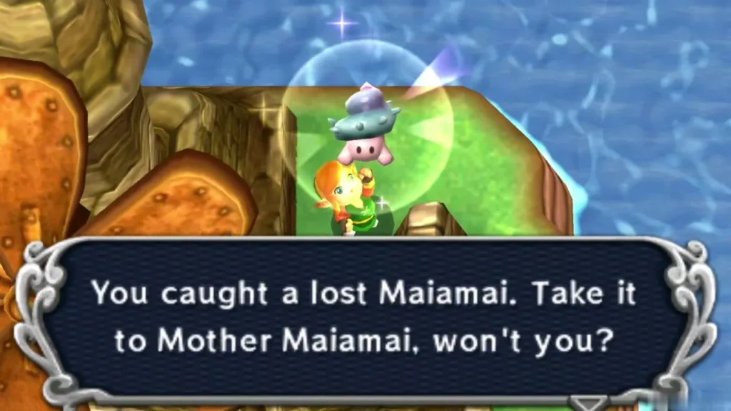 Link holding up a lost Maiamai in a bubble on a grassy ledge beside the House of Gales windmill blades Link holding up a lost Maiamai in a bubble on a grassy ledge beside the House of Gales windmill blades