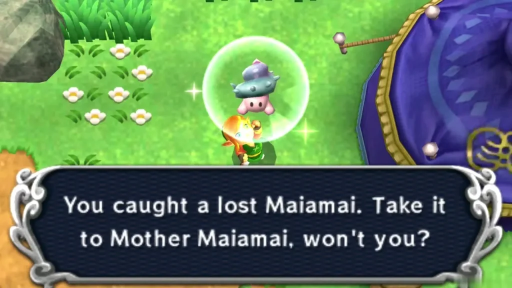 Link catching a lost Maiamai beside the Fortune-Teller's tent, the catch message on screen Link catching a lost Maiamai beside the Fortune-Teller's tent, the catch message on screen