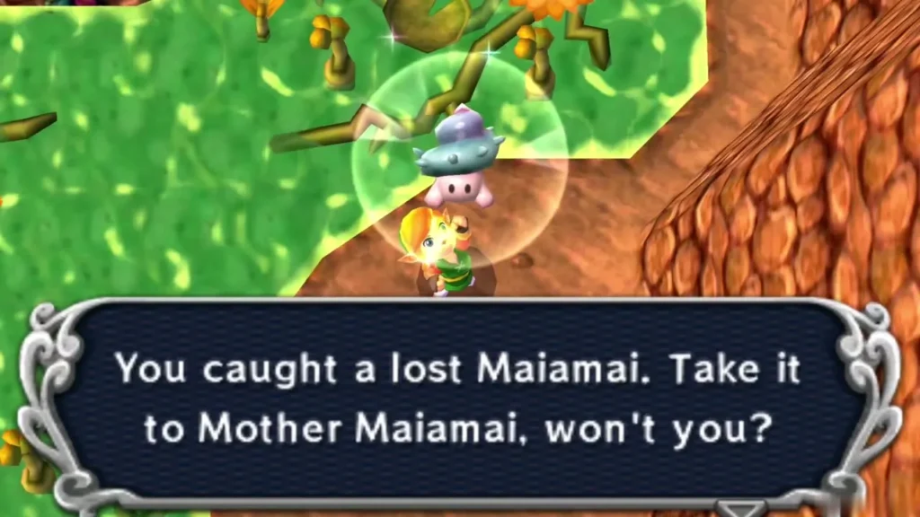 Link holding up a caught lost Maiamai in a bubble on a brown ledge beside green swamp water in Lorule's Misery Mire Link holding up a caught lost Maiamai in a bubble on a brown ledge beside green swamp water in Lorule's Misery Mire