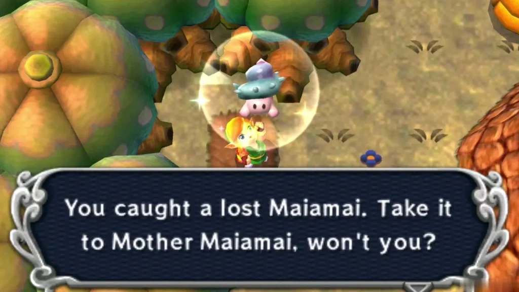 Link holding up a caught lost Maiamai in a bubble among umbrella-shaped trees, the catch message complete Link holding up a caught lost Maiamai in a bubble among umbrella-shaped trees, the catch message complete
