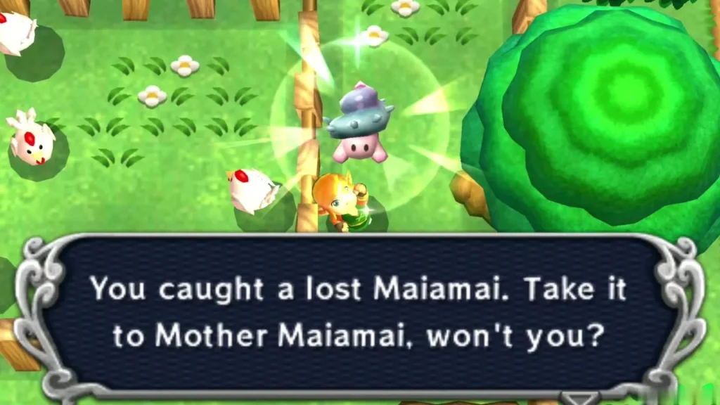 Link holding up a lost Maiamai in a bubble beside a round tree and the wooden fence of the Cucco Ranch Link holding up a lost Maiamai in a bubble beside a round tree and the wooden fence of the Cucco Ranch