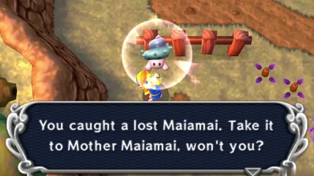 Link holding up a caught lost Maiamai in a bubble beside a wooden fence and purple flowers, the catch message complete Link holding up a caught lost Maiamai in a bubble beside a wooden fence and purple flowers, the catch message complete