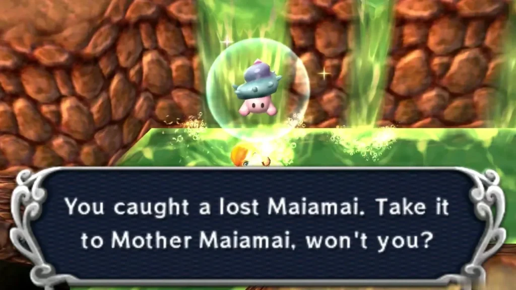 A caught lost Maiamai in a bubble above Link in green water below two green waterfalls, the catch message complete A caught lost Maiamai in a bubble above Link in green water below two green waterfalls, the catch message complete