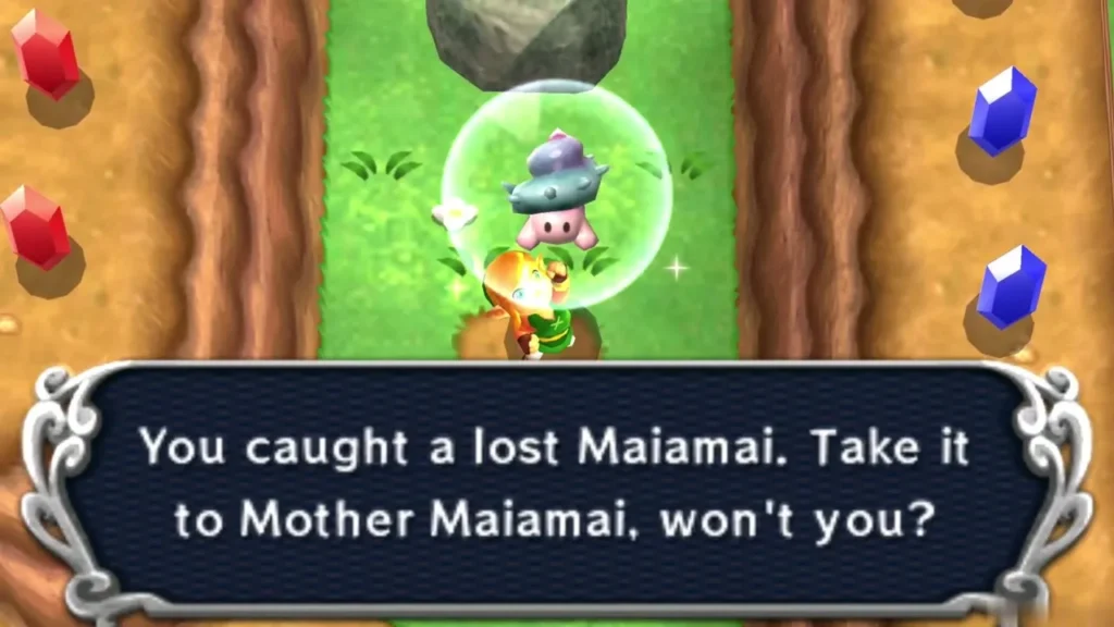 Link holding up a caught lost Maiamai in a bubble beside a large grey rock, the catch message complete Link holding up a caught lost Maiamai in a bubble beside a large grey rock, the catch message complete
