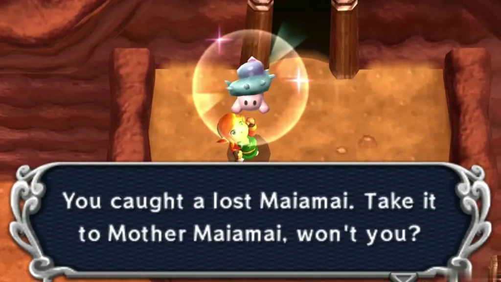 Link holding up a caught lost Maiamai in a bubble on a dirt ledge before a wooden doorway on Death Mountain Link holding up a caught lost Maiamai in a bubble on a dirt ledge before a wooden doorway on Death Mountain
