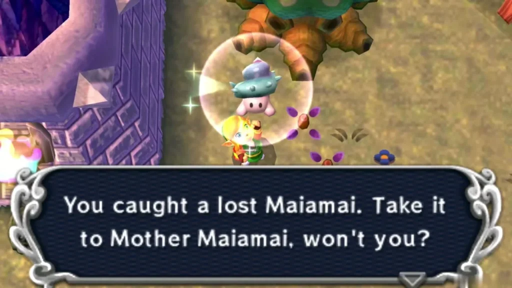Link holding up a caught lost Maiamai in a bubble beside a purple stone tower, the catch message complete Link holding up a caught lost Maiamai in a bubble beside a purple stone tower, the catch message complete