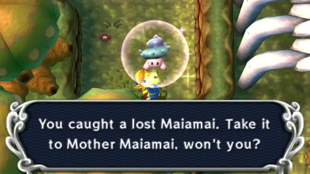 Link holding up a caught lost Maiamai in a bubble beside round trees and giant rib bones, the catch message complete Link holding up a caught lost Maiamai in a bubble beside round trees and giant rib bones, the catch message complete
