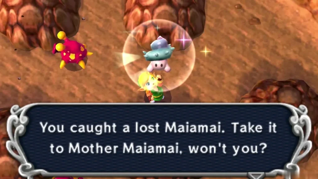 Link holding up a caught lost Maiamai in a bubble among dark round rock formations, the catch message complete Link holding up a caught lost Maiamai in a bubble among dark round rock formations, the catch message complete