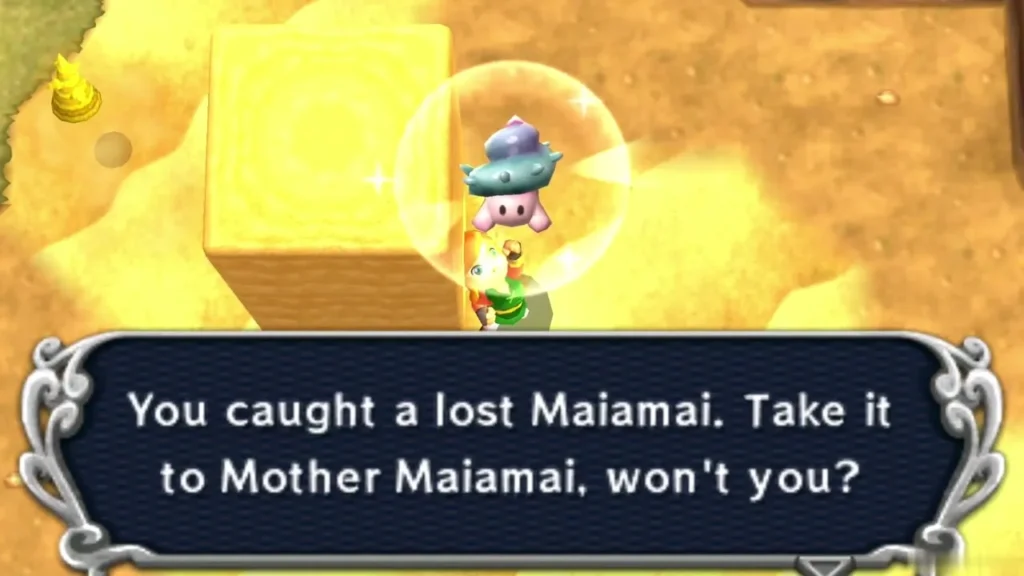 Link holding up a caught lost Maiamai in a bubble beside a raised sand pillar in the Hyrule desert, message complete Link holding up a caught lost Maiamai in a bubble beside a raised sand pillar in the Hyrule desert, message complete