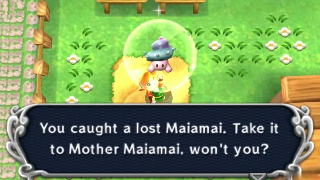 Link holding up a caught lost Maiamai in a bubble beside a sand pillar in a Kakariko garden, the catch message complete Link holding up a caught lost Maiamai in a bubble beside a sand pillar in a Kakariko garden, the catch message complete